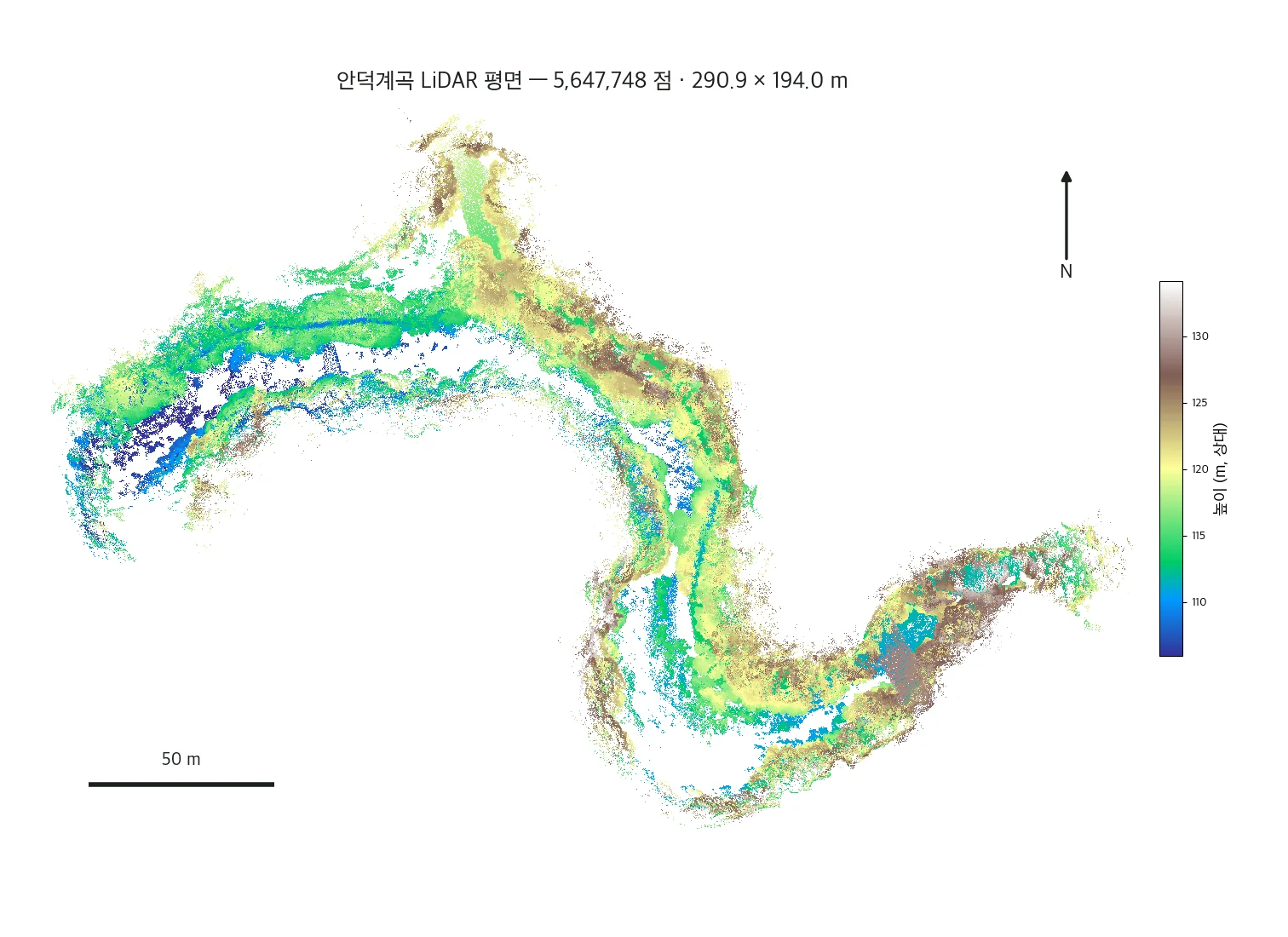 안덕계곡 평면 — 계곡 전체를 떠낸 점군. 색은 높이(상대), 범위 290.9 × 194.0 m