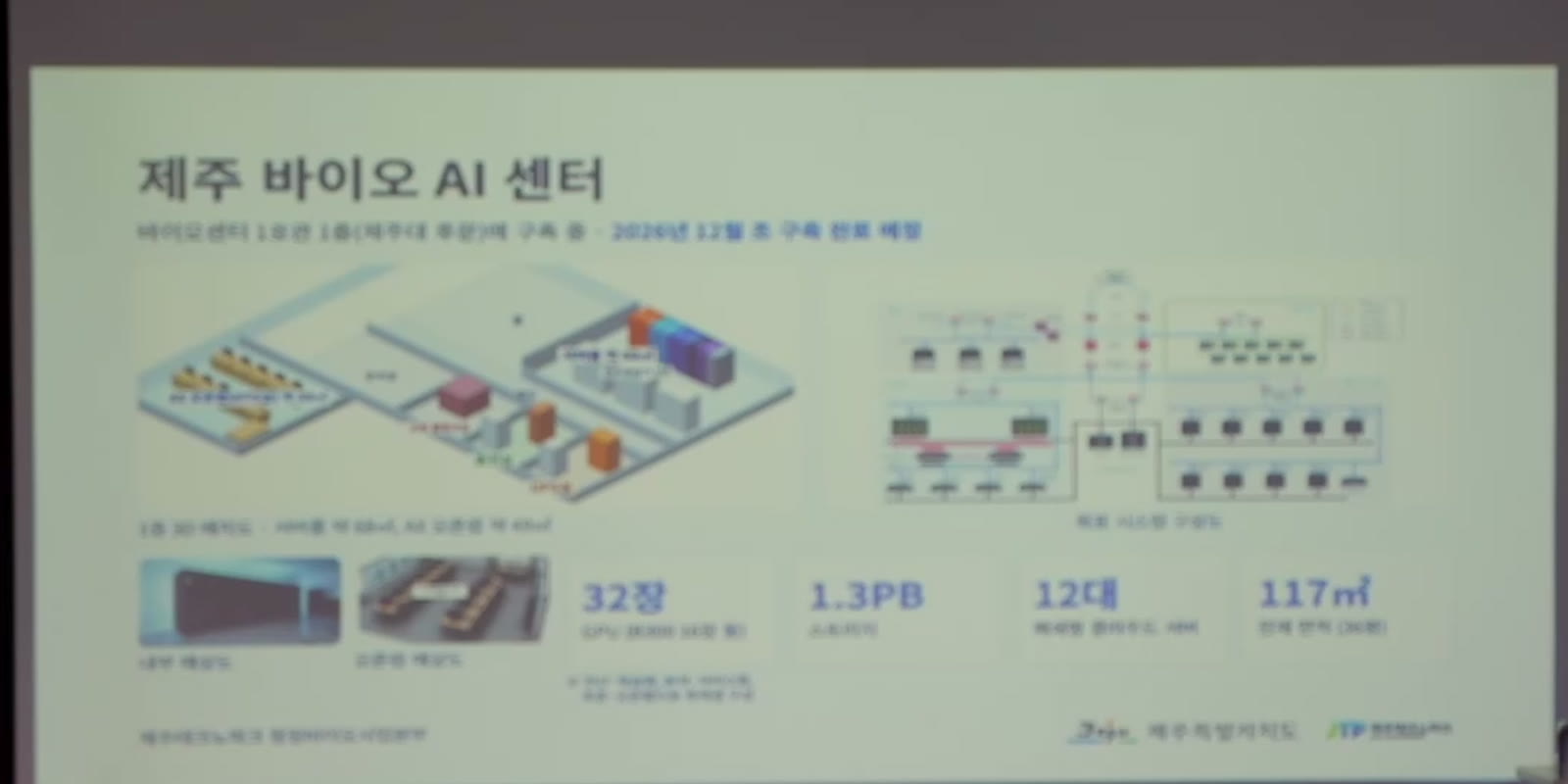 제주 바이오 AI 센터 1층 배치도와 목표 시스템 구성도가 담긴 발표 슬라이드