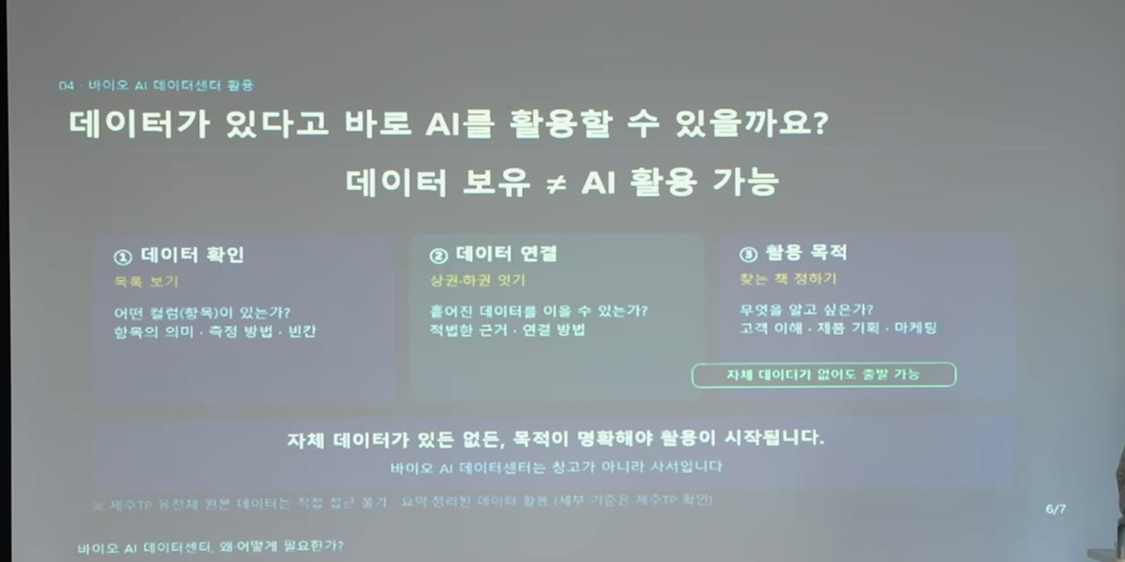 데이터가 있다고 바로 AI를 활용할 수 있을까요 — 데이터 보유는 AI 활용 가능과 같지 않다는 발표 슬라이드