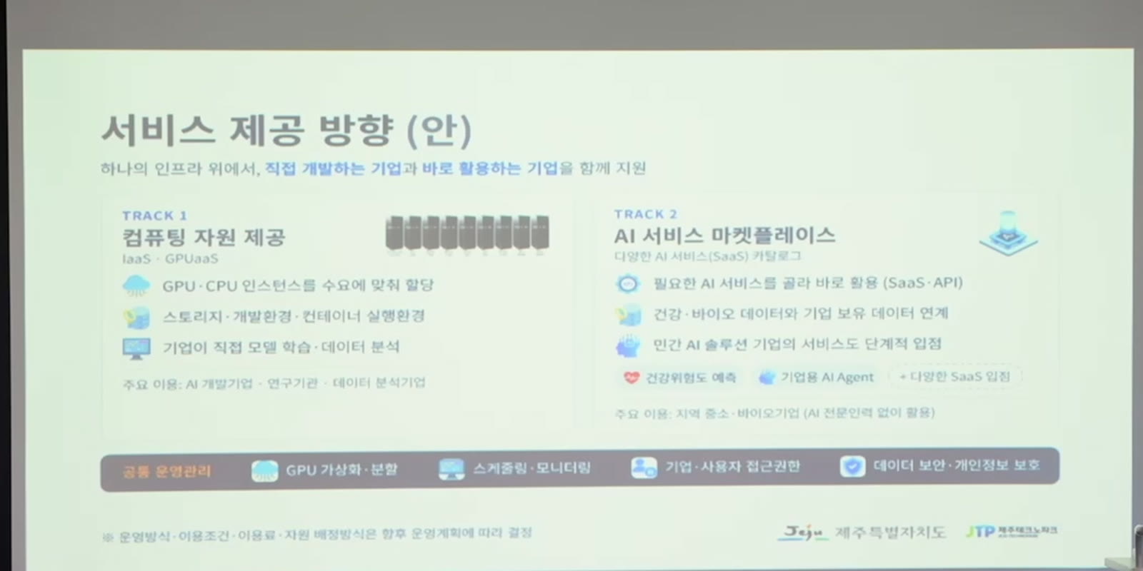 서비스 제공 방향(안) — TRACK 1 컴퓨팅 자원 제공과 TRACK 2 AI 서비스 마켓플레이스를 담은 발표 슬라이드